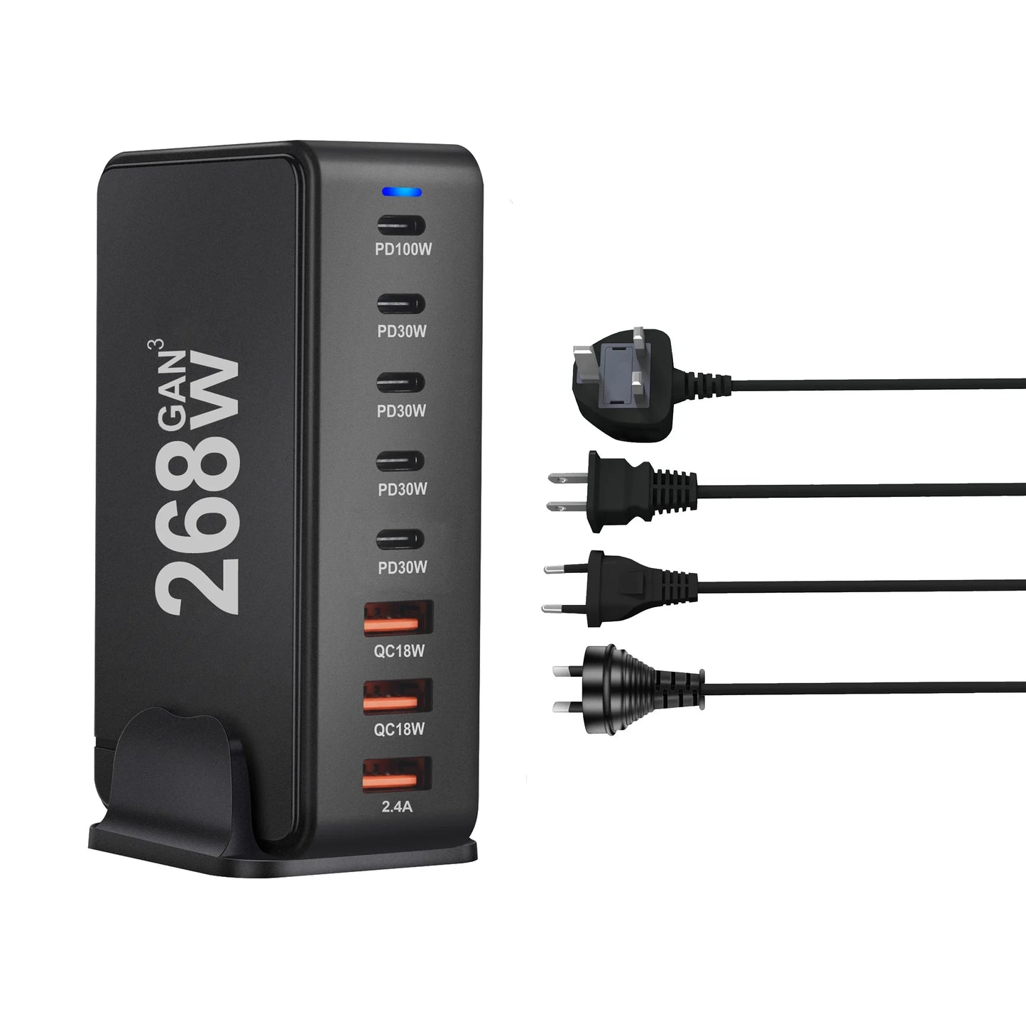 268W/240W GaN Desktop Charging Station with 8 Ports and PD Support