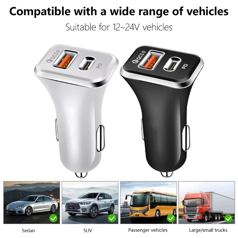 38W Dual-Port Car Charger with PD and QC Support
