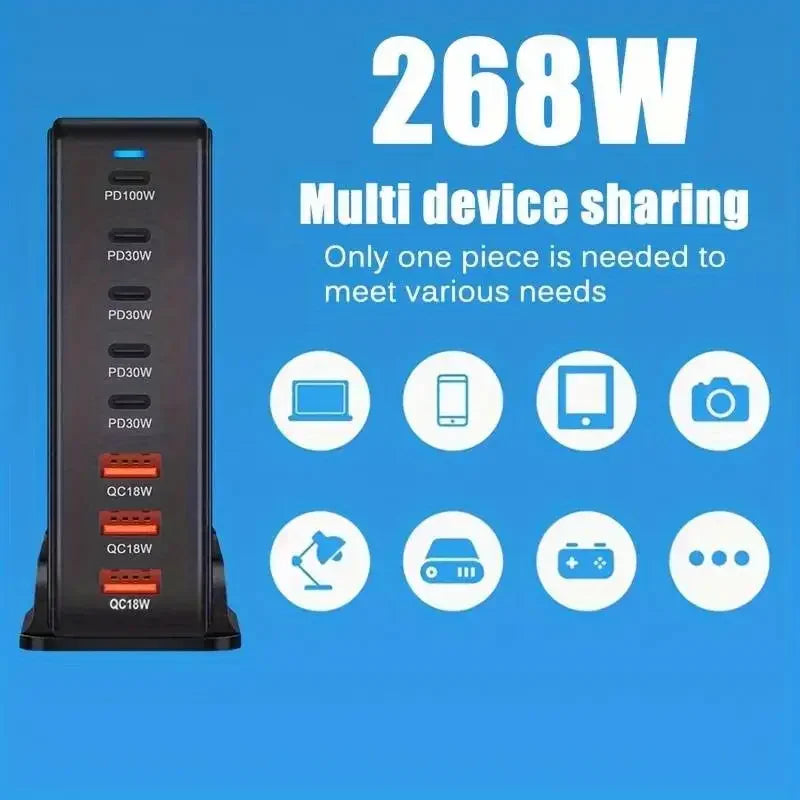 268W/240W GaN Desktop Charging Station with 8 Ports and PD Support