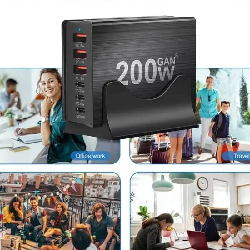 200W GaN 6-Port Desktop Charging Station with Triple USB-C
