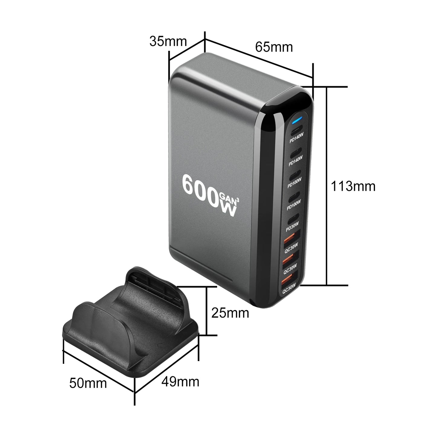 600W GaN 8-Port USB-C Power Hub - 5 USB-C & 3 USB-A Fast Charging Station with PD Support