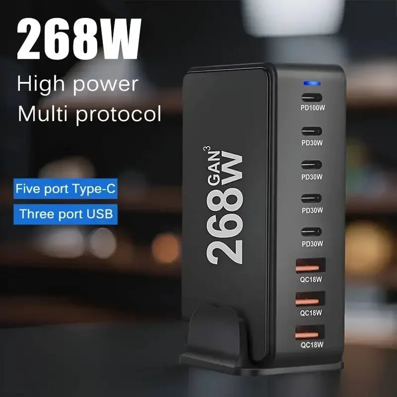 268W/240W GaN Desktop Charging Station with 8 Ports and PD Support