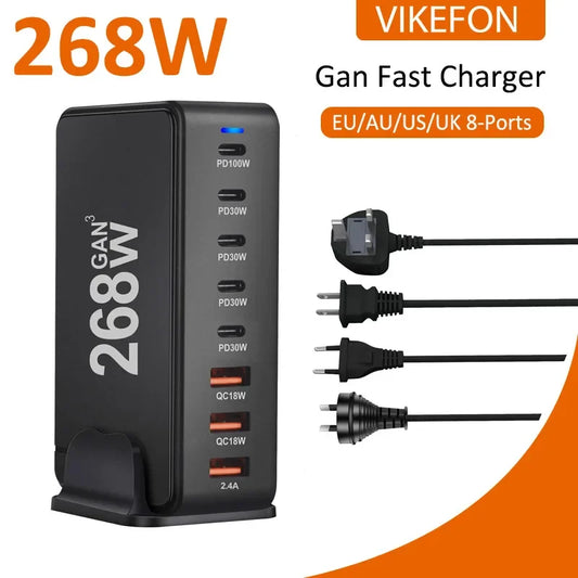 268W/240W GaN Desktop Charging Station with 8 Ports and PD Support