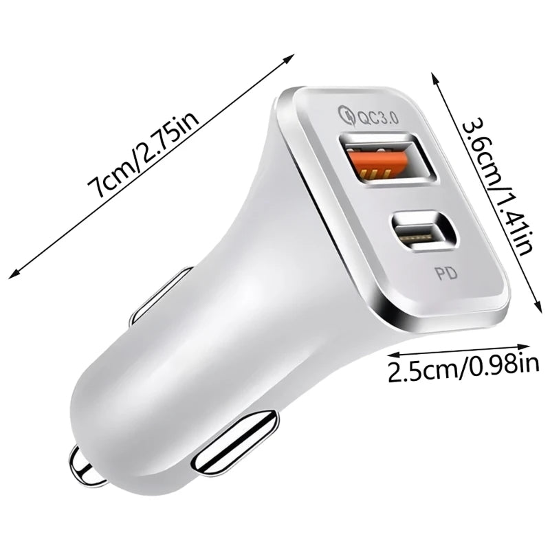 38W Dual-Port Car Charger with PD and QC Support